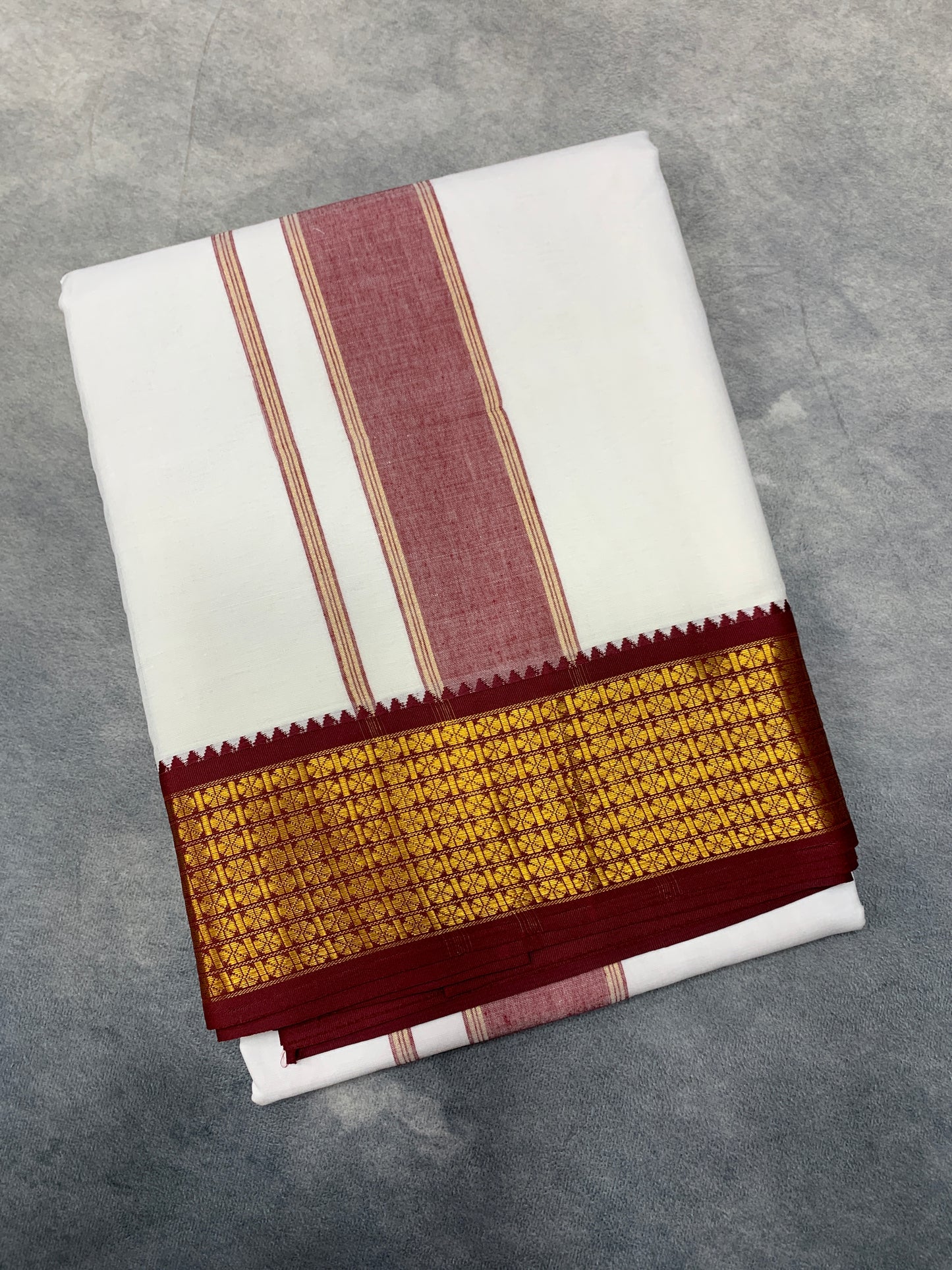 9X5 Cotton Dhoti White Big Green and Maroon Zari Border with Angavastram