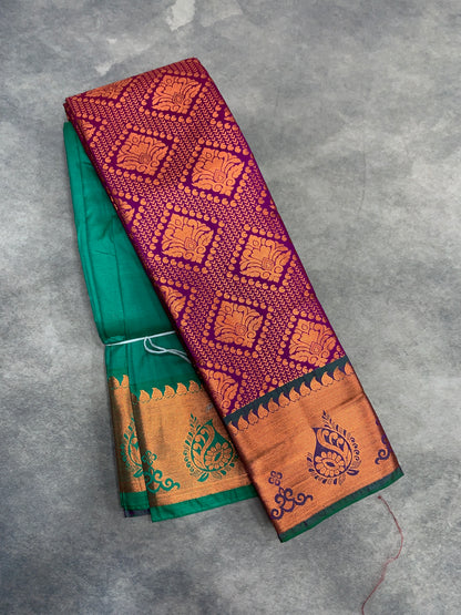 Vegan Silk Saree Magenta Colour with Green and Copper Border