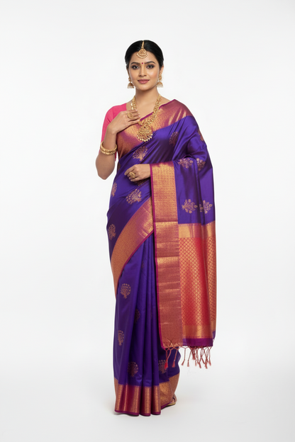 Soft Vegan Silk Saree Purple Colour with Pink and Copper Border