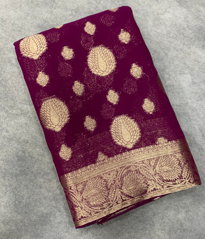 Georgette Saree Magenta Colour with Sliver Floral Design Border