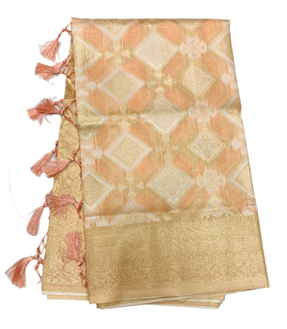 Soft Vegan Silk Saree Peach Colour with Sliver Zari Border