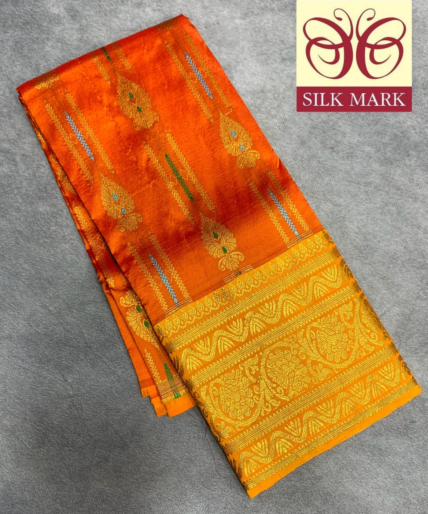 Orange Shade Pure Kanchipuram Kids Pattu Pavadai with Contrast Border for Newborn to 2 Years