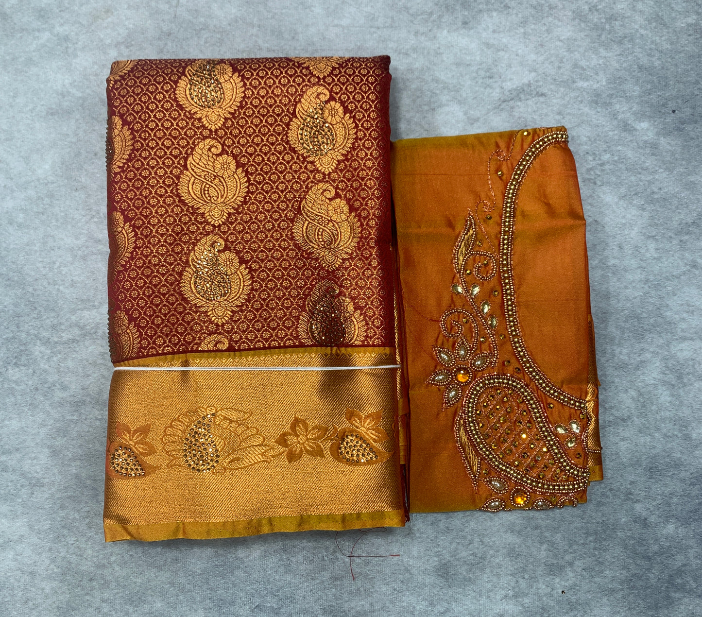 Bridal Vegan Silk Saree Maroon shade with Golden Yellow Border with Unstitched blouse in Aari Work
