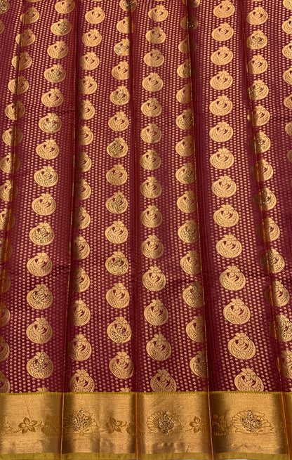 Vegan Silk Saree Maroon Colour with Golden and Golden Yellow Border