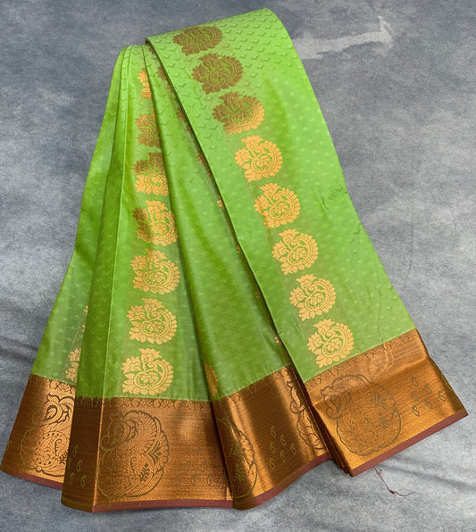 Vegan Silk Saree Apple Green Colour Saree with Copper Border