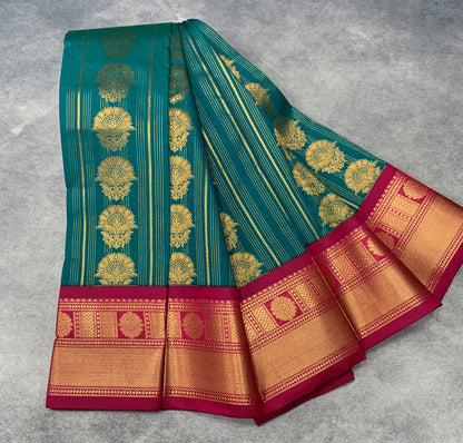 Vegan Silk Saree Teal Green Colour Saree with Pink Colour Contrast Border