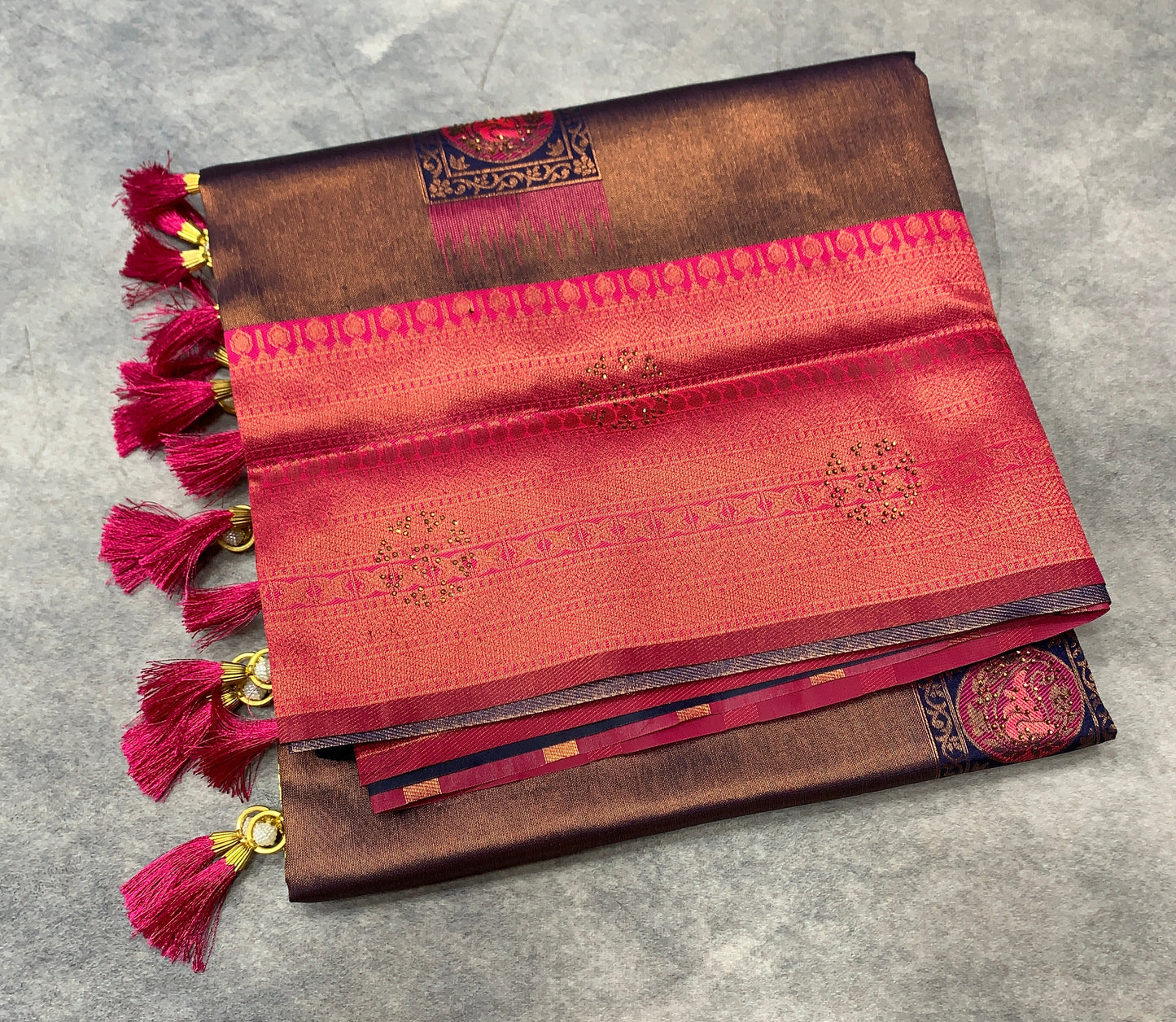 Art Silk Saree Navy Blue Colour and Stone Work with Pink Border