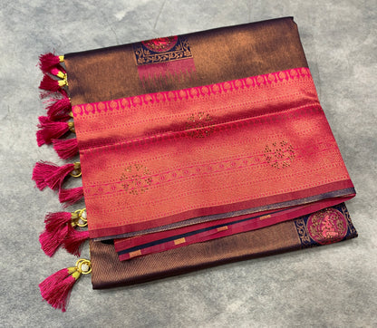 Art Silk Saree Navy Blue Colour and Stone Work with Pink Border