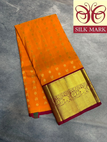 Rust Orange Shade Pure Kanchipuram Kids Pattu Pavadai with Contrast Border for age 5 to 10