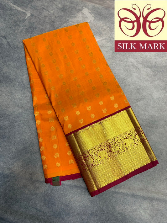 Rust Orange Shade Pure Kanchipuram Kids Pattu Pavadai with Contrast Border for age 5 to 10