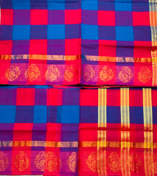 Chettinad Cotton Saree Pink and Blue Colour with Checked Design