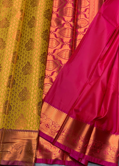 Vegan Silk Saree Lime Green Colour with Pink and Copper Border