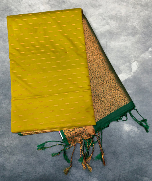 Soft Vegan Silk Saree Lime Green Colour with Green and Copper Border