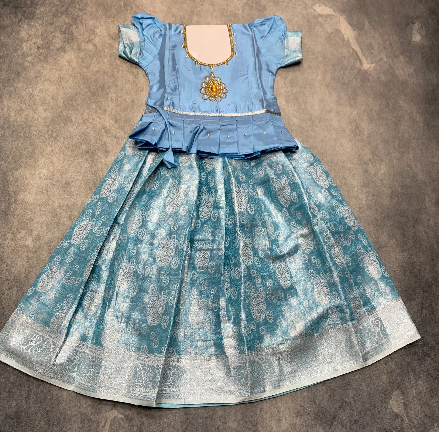 Ready To Wear Sky Blue Colour Pavadai with Contrast Blue Colour Blouse