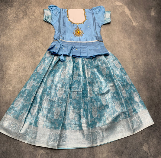 Ready To Wear Sky Blue Colour Pavadai with Contrast Blue Colour Blouse