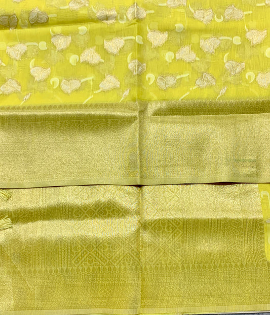 Banaras Katan Saree Yellow Colour with Katan Work Border