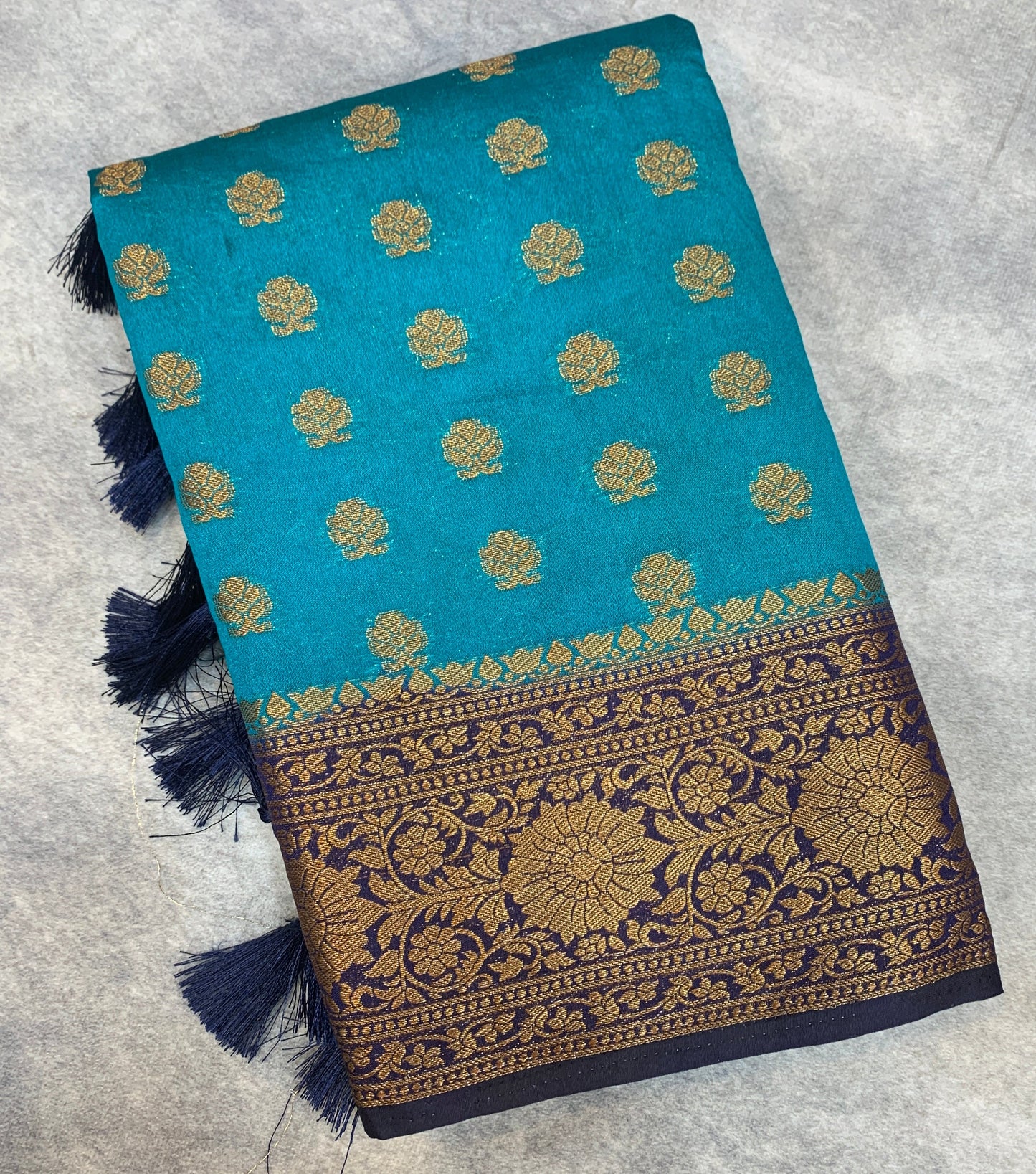 Crepe Saree Sky Blue Colour with Navy Blue Border