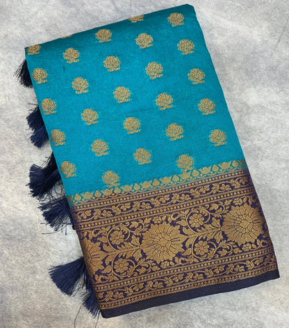 Crepe Saree Sky Blue Colour with Navy Blue Border