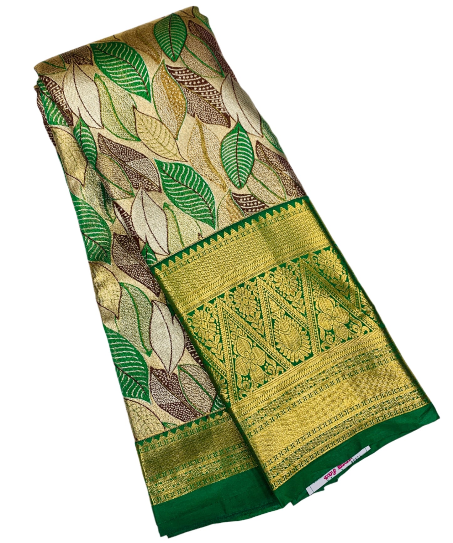 Brown & Green Leaf Soft Kanchi Tissue Pattu Saree with Green Border