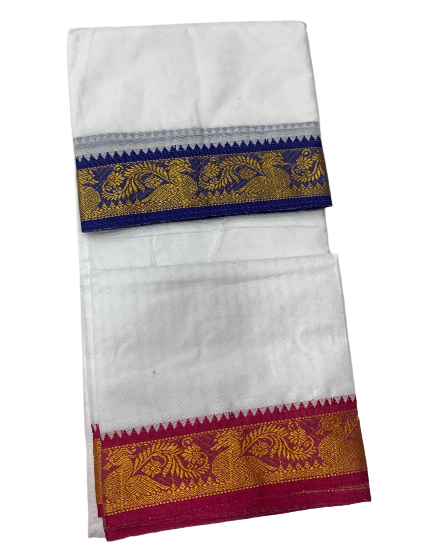 9X5 Cotton Dhoti White Blue and Pink Border with Angavastram