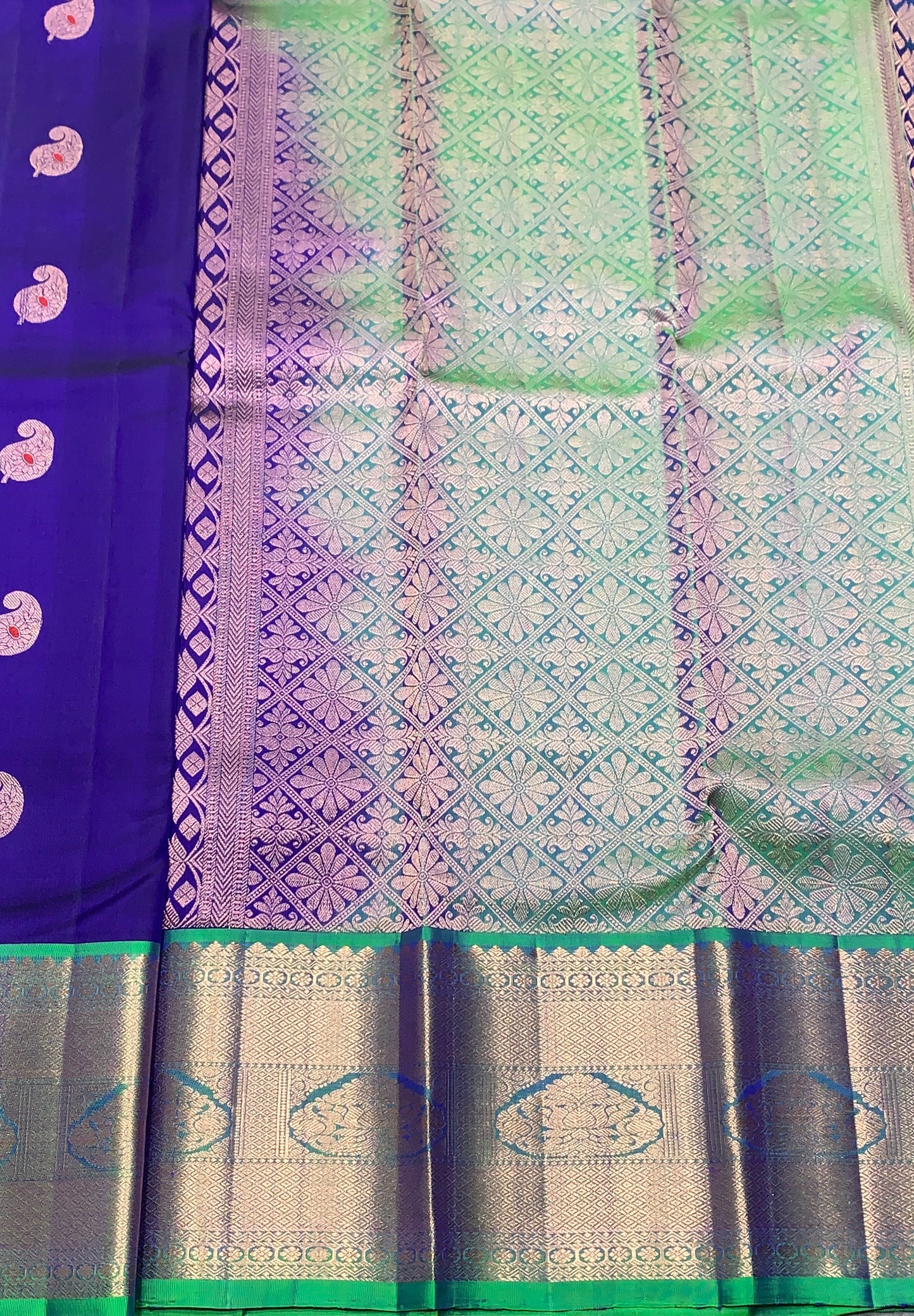 Pure Kanchipuram Silk Saree Blue Colour with Light Green Border