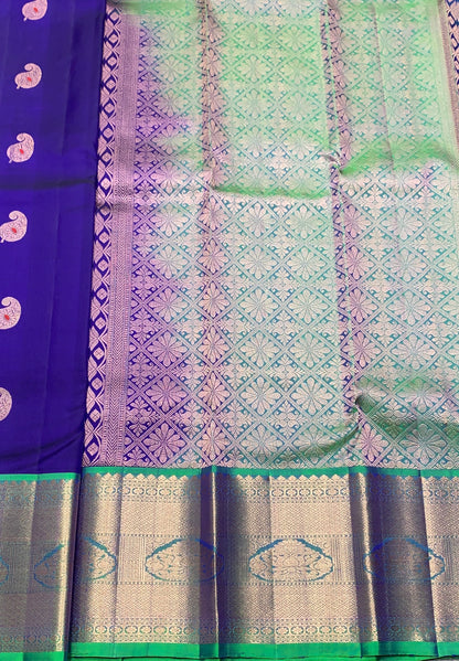 Pure Kanchipuram Silk Saree Blue Colour with Light Green Border