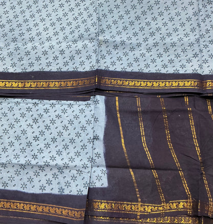 Chettinad Sungudi Cotton Gray Colour with Navy Blue Colour Border