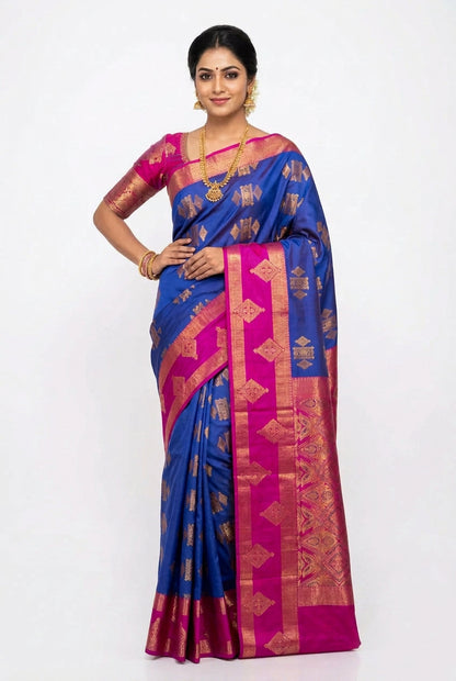 Soft Silk Casual Saree Ink Blue with Rettai Pettu Magenta Colour Border