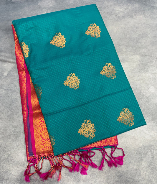 Soft Vegan Silk Saree Rama Green Colour with Pink and Copper Border