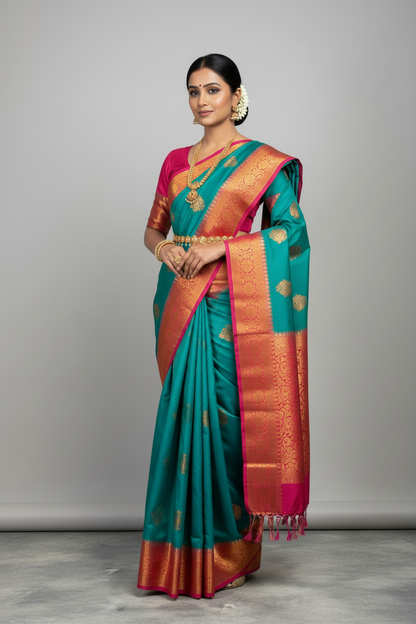 Soft Vegan Silk Saree Rama Green Colour with Pink and Copper Border