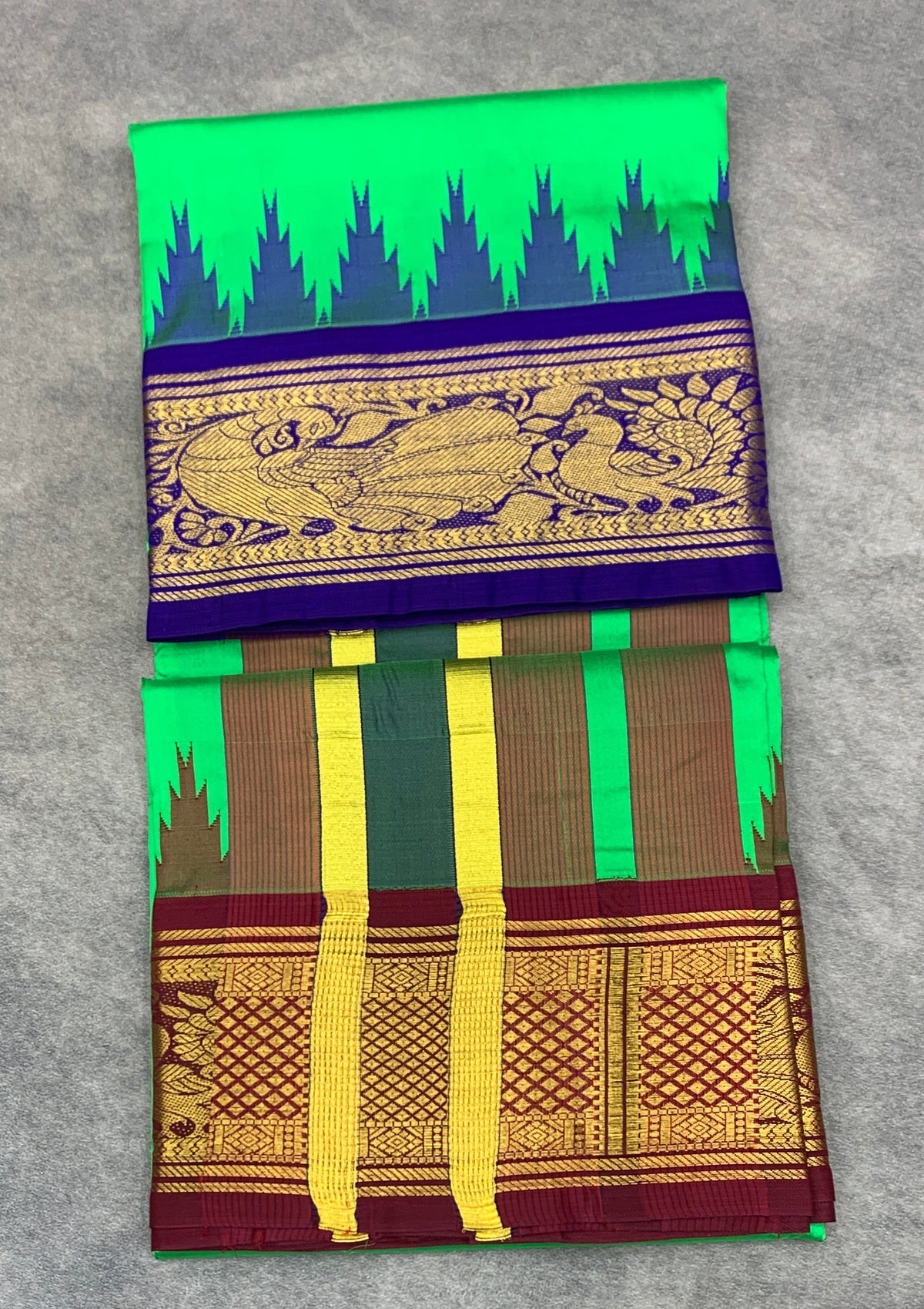 6 Mulam Silk Pooja Towel Light Green Colour with Ganga Jamuna Korvai Border