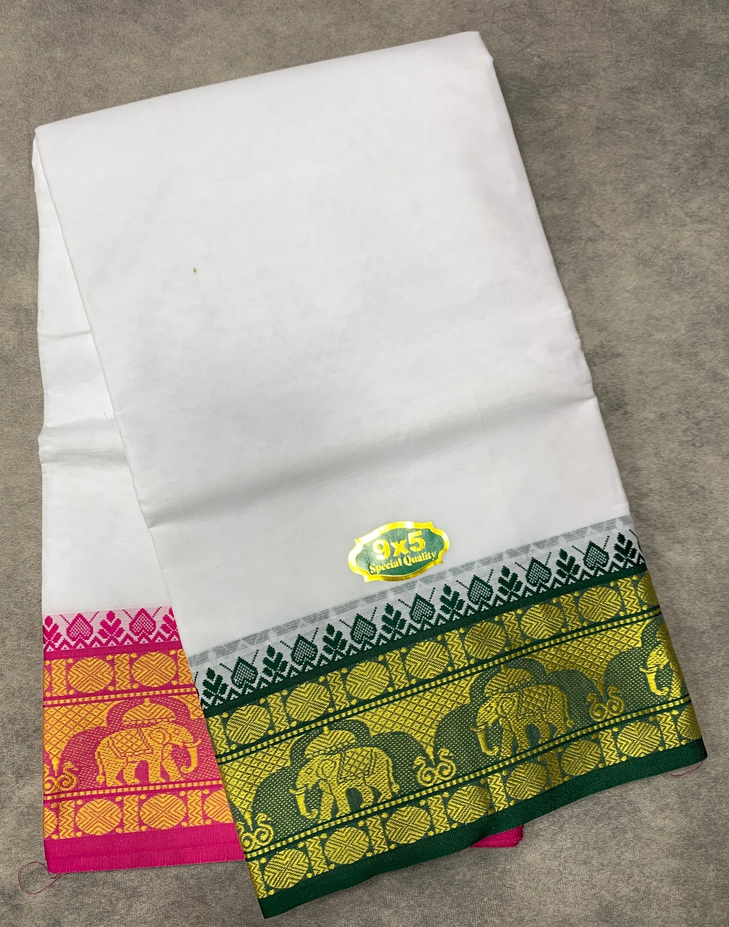 9X5 Cotton Dhoti White Colour with Green and Pink Border with Angavastarm