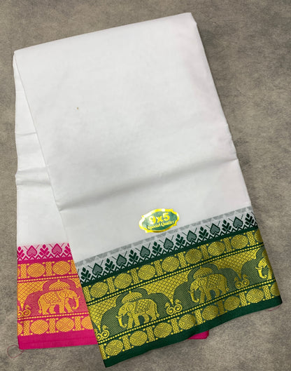 9X5 Cotton Dhoti White Colour with Green and Pink Border with Angavastarm