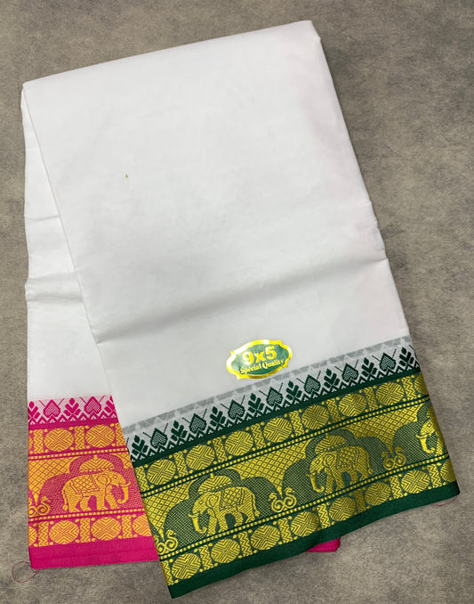 9X5 Cotton Dhoti White Colour with Green and Pink Border with Angavastarm