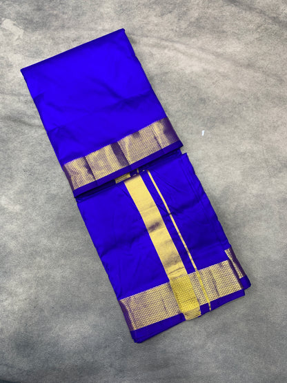 9X5 Pure Silk Dhoti Violet with Large Golden Zari Border