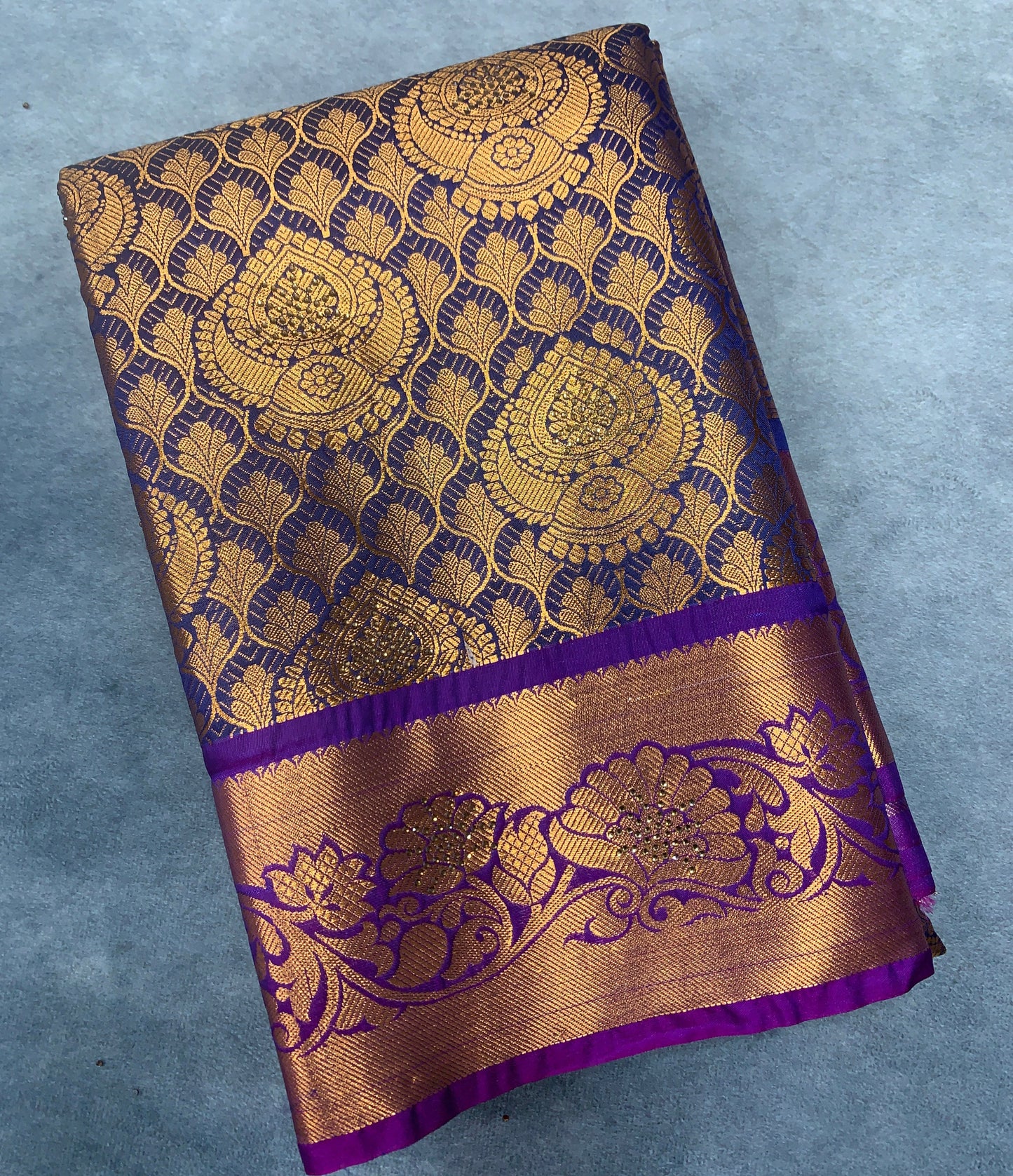 Vegan Silk Saree Blue Colour with Copper and Magenta Border