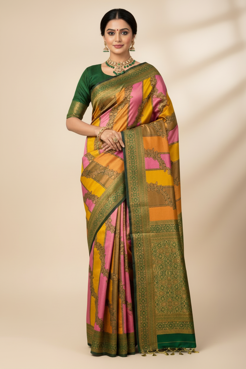 Art Silk Four Colour Saree with Green Border
