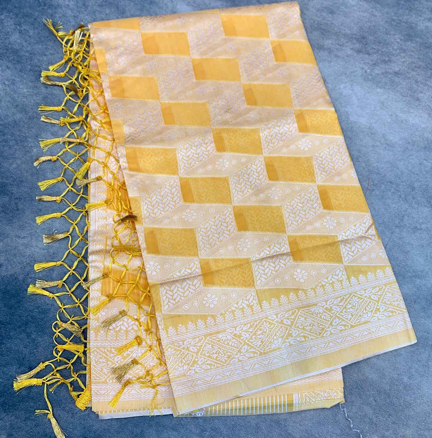 Banaras Katan Saree Yellow Colour with Katan Work Border