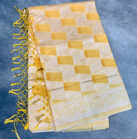 Banaras Katan Saree Yellow Colour with Katan Work Border