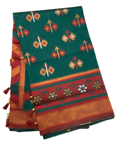 Pochampalli Semi Silk Saree Green Colour with Maroon Border