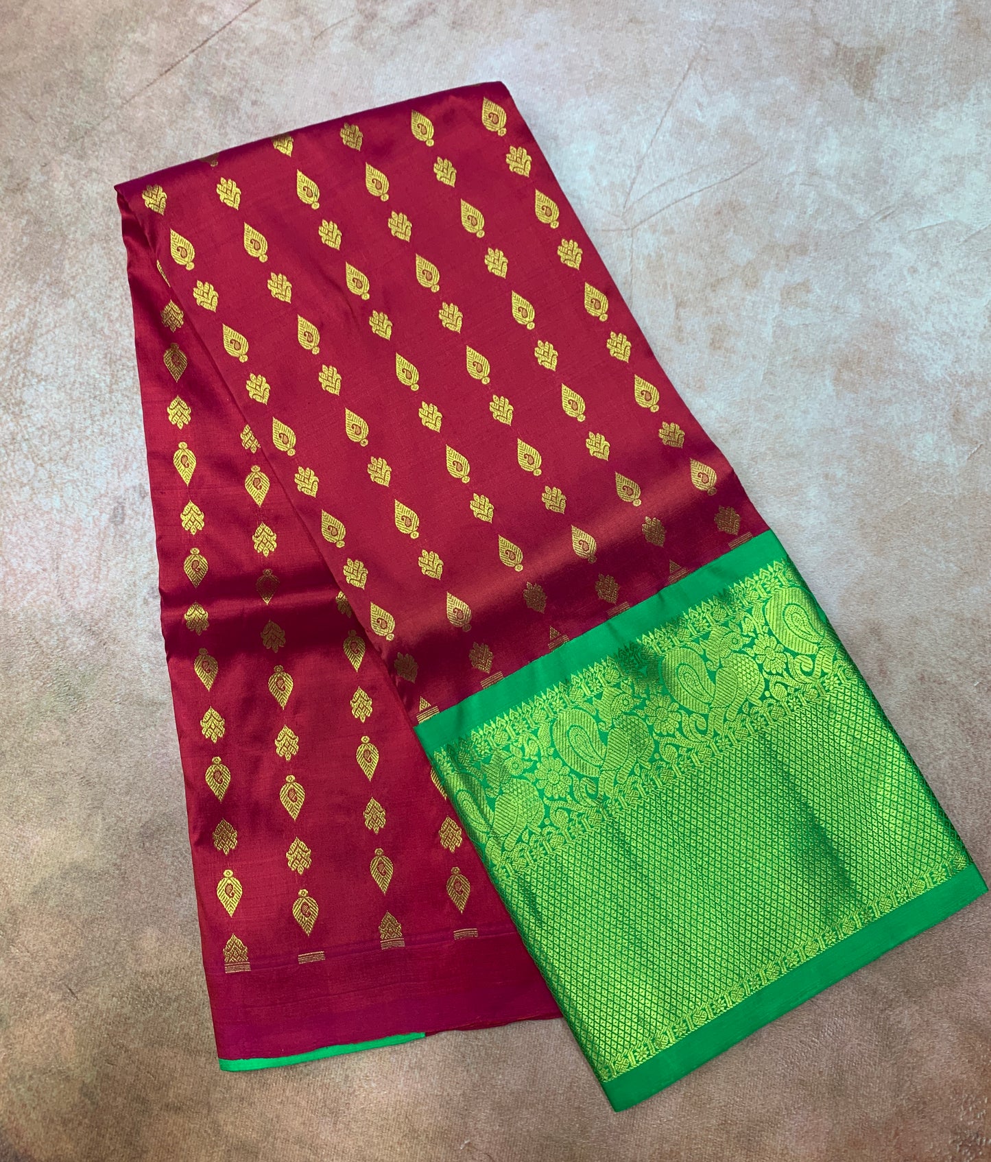 Red shade Pure Kanchipuram Kids Pattu Pavadai with Contrast Border for age 5 to 10