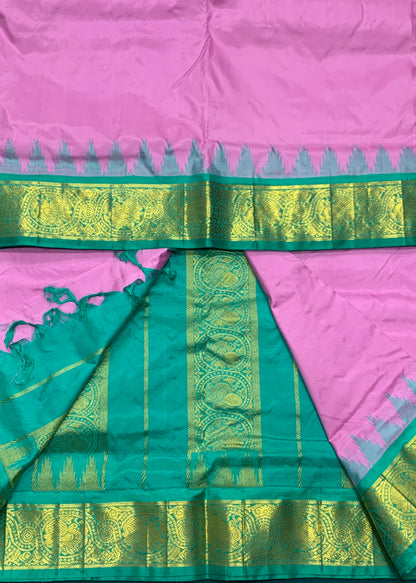 9 yards Pure Kanchipuram Silk Saree Baby Pink Colour With Sapphire Border