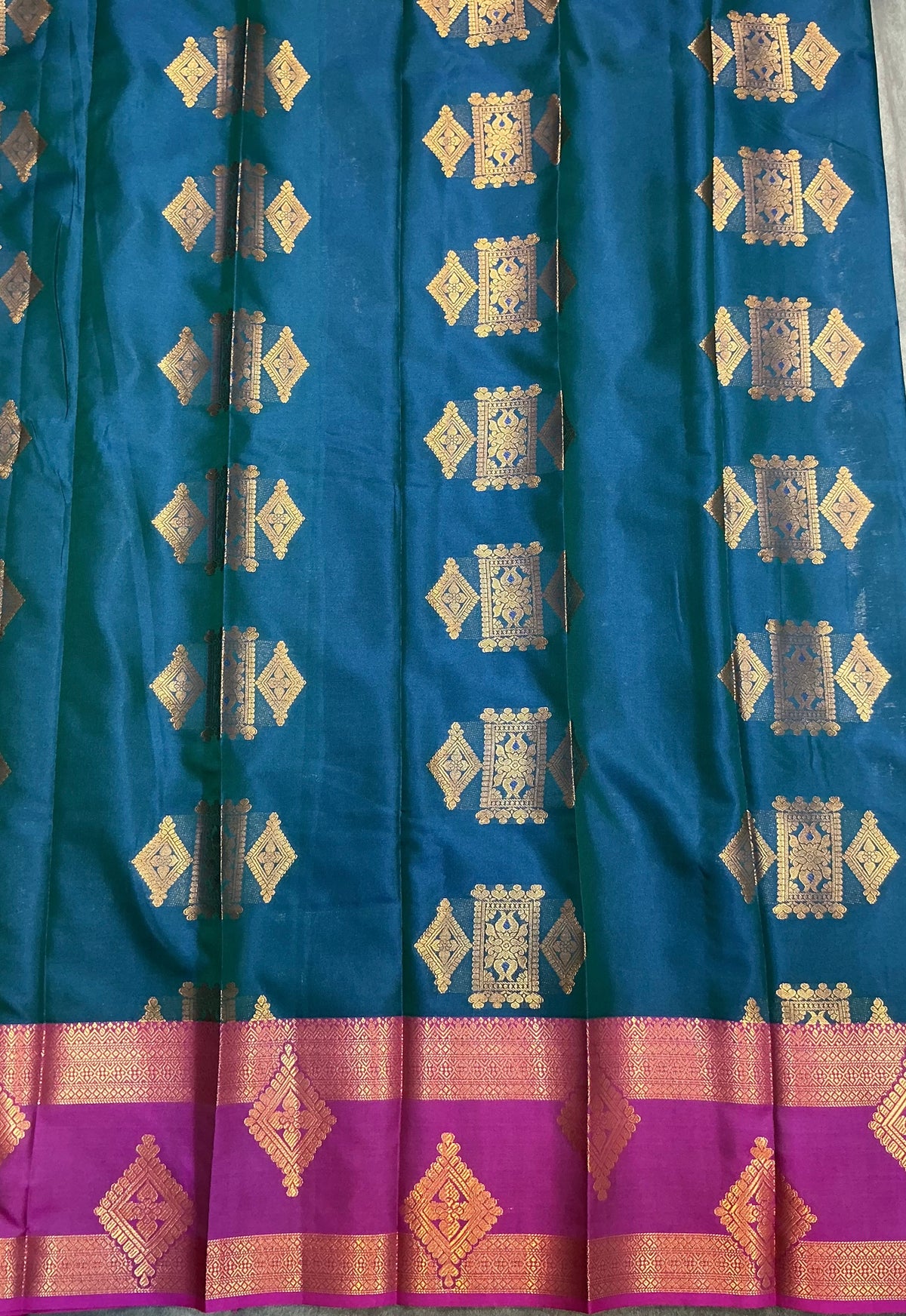 Soft Silk Casual Saree Peacock Blue with Rettai Pettu Magenta Colour Border