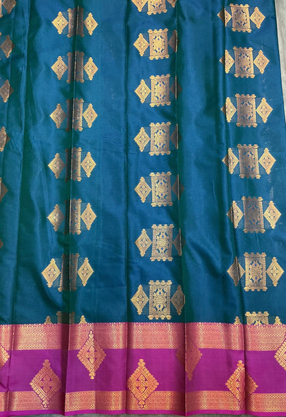 Soft Silk Casual Saree Peacock Blue with Rettai Pettu Magenta Colour Border
