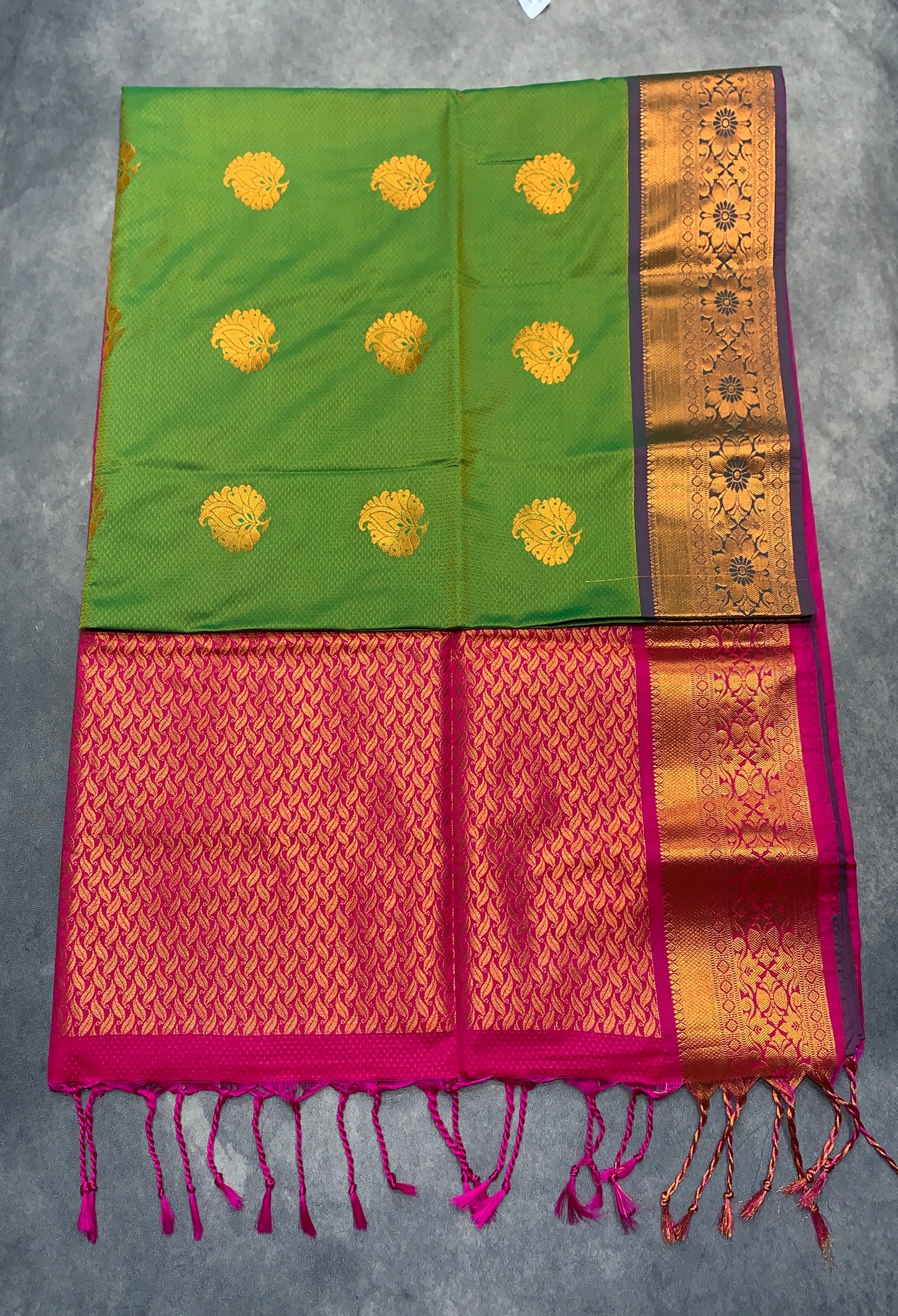 Soft Vegan Silk Saree Light Green Colour with Pink and Copper Border