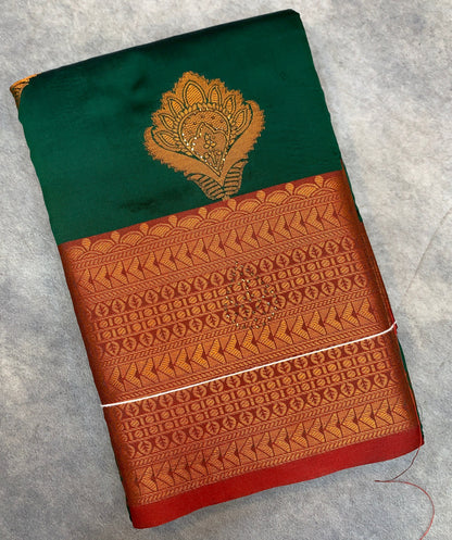 Soft Silk Casual Saree Green Colour with Maroon and Golden Colour Border