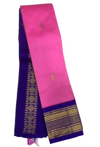 Pure Kanchipuram Silk Saree Baby Pink Colour with Blue and Gold Zari Border