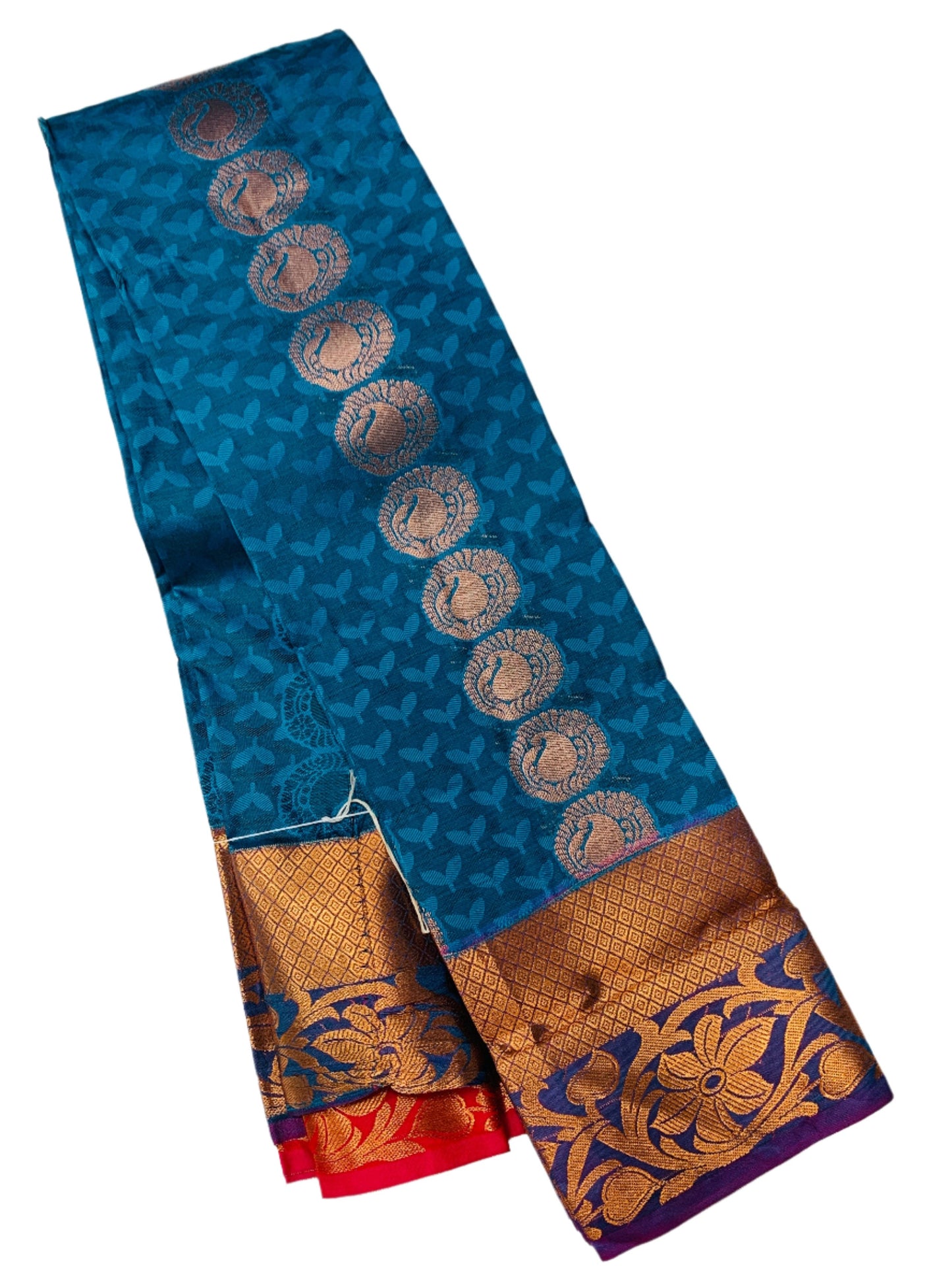 Vegan Silk Saree Peacock Blue Colour with Copper Border