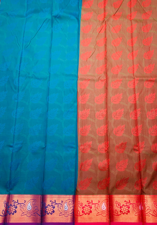 Synthetic Cotton Saree Peacock Green Shade with Copper Zari Border