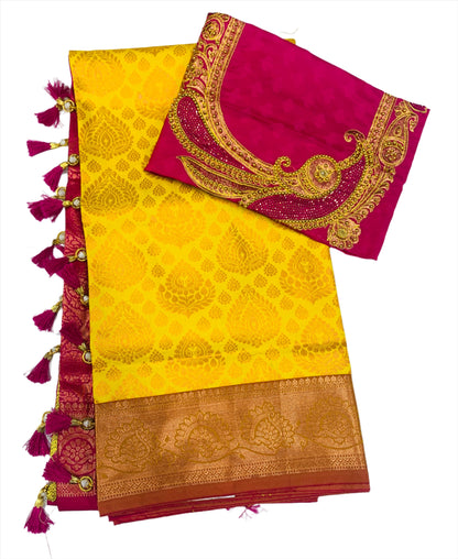 Bridal Vegan Silk Saree Yellow shade with Copper Border with Unstitched blouse in Aari work